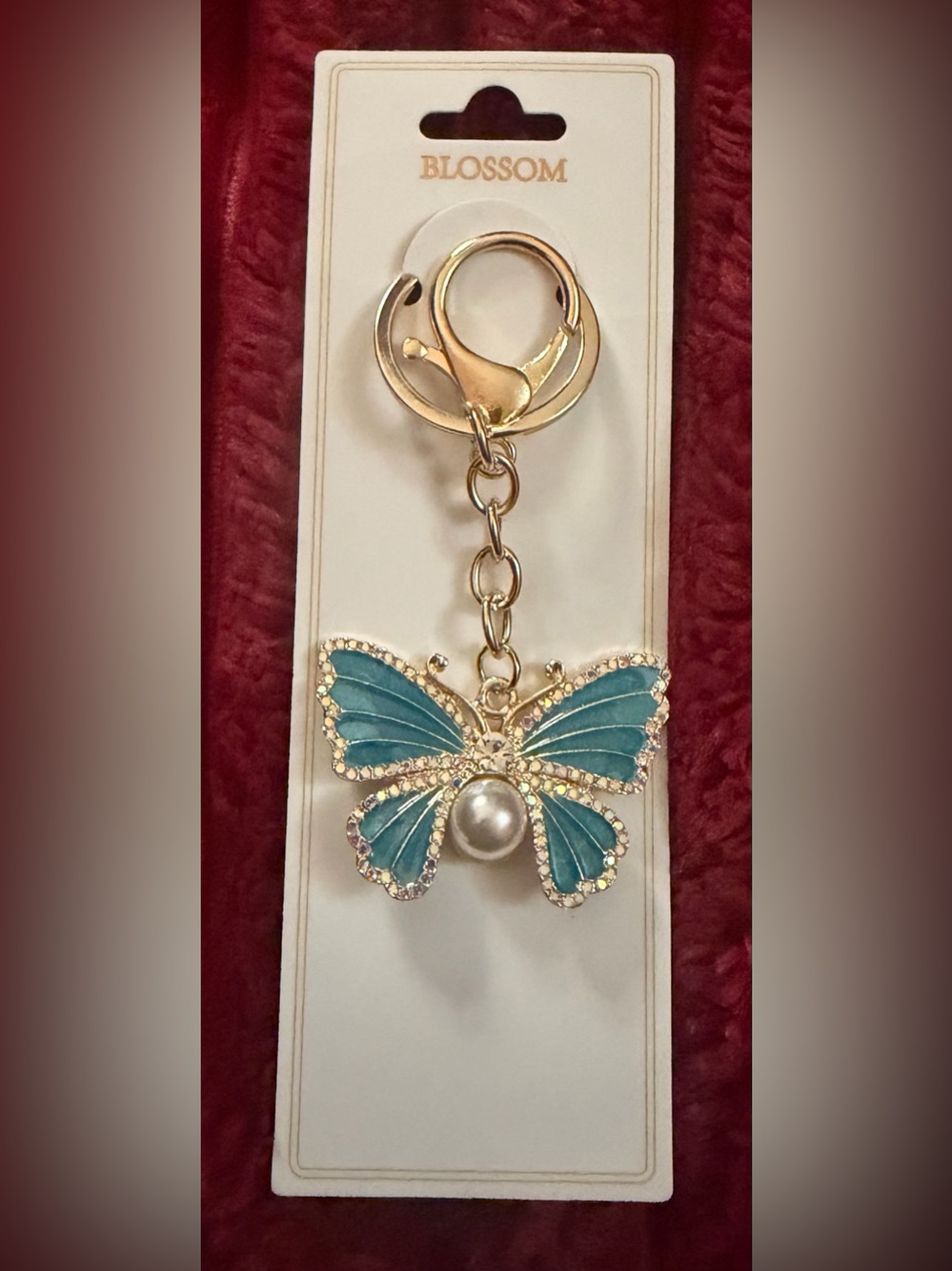 Gold Tone Butterfly Keychain with Teal Enamel and Pearl